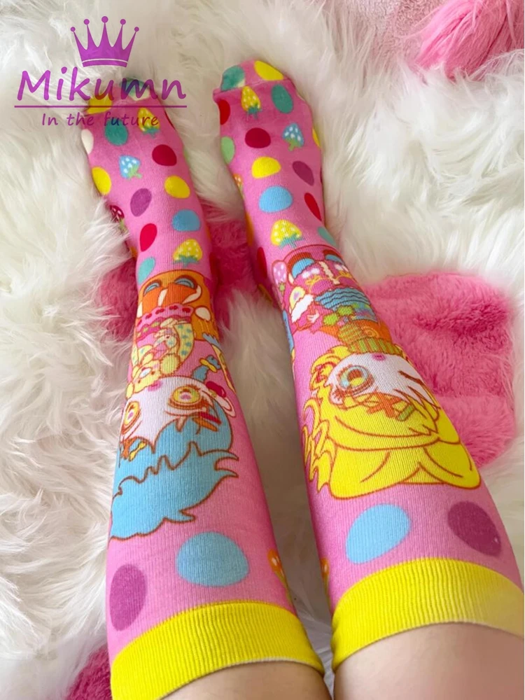 Mikumn Original Design Harajuku Pink Cartoon Girl Print Knitted Long Socks Japanese Y2k Kawaii Women Socks