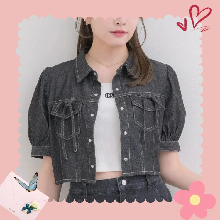 

Japanese Fresh and Cute Girls Versatile Short Coat Daily Bow Pocket Floral Clothes Spring and Summer Sweet Casual Jacket