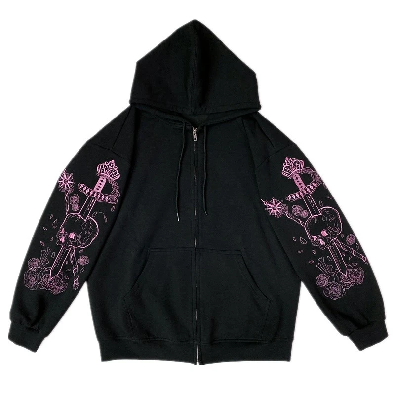 Women\'s Pink Pattern Print Zipper Hoodie Y2k Clothes High Street Long Sleeve Sweatshirt 2024 Winter Darkness Vintage Cool Jacket