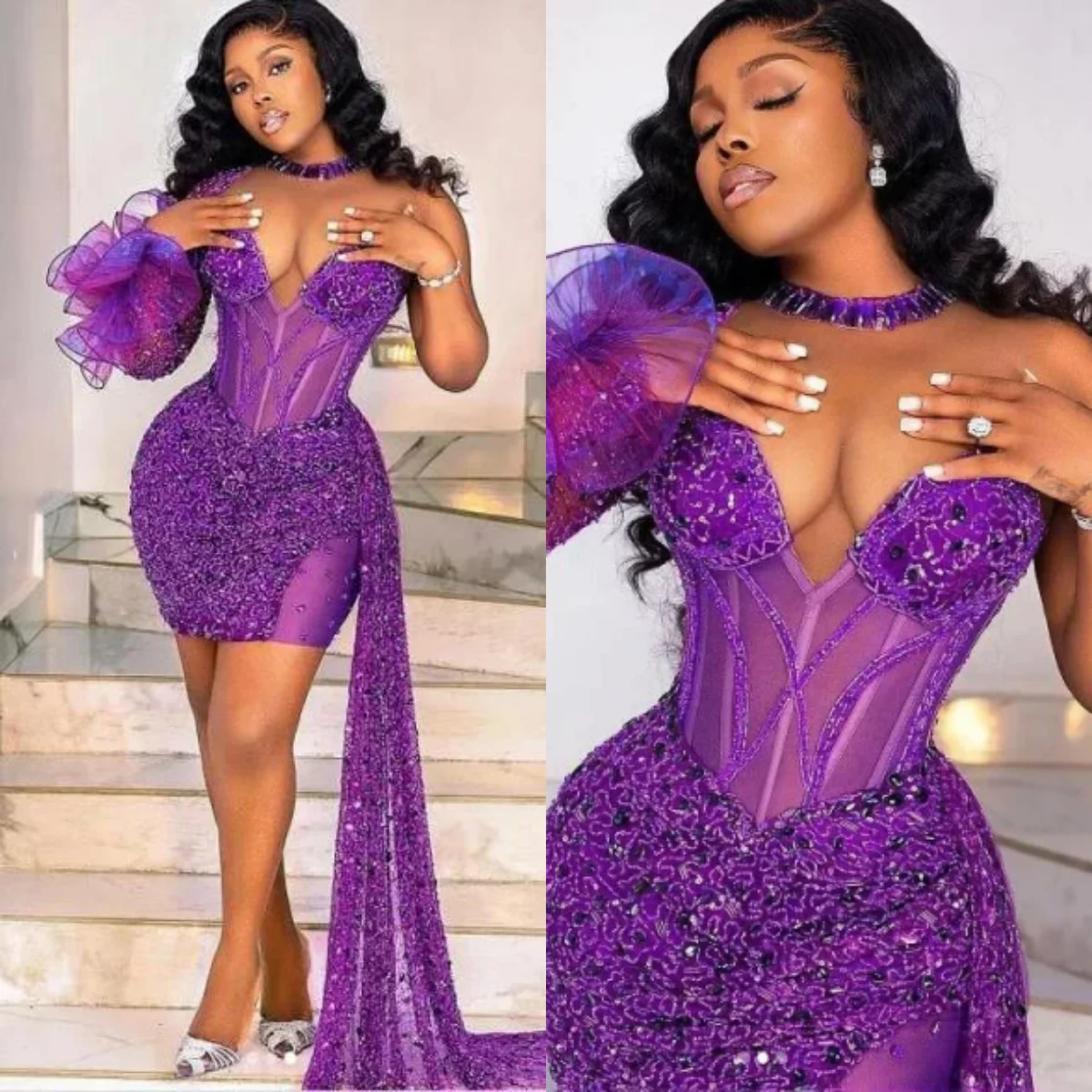Kurzes lila Cocktailkleid im Mini-Stil, sexy Meerjungfrauenkleid mit V-Ausschnitt, Spitze und Perlen, Ballkleid für schwarze Mädchen, maßgeschneidertes Partykleid für den Abschlussball