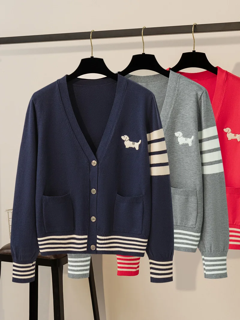 

Spring Autumn Cartoon Dog Embroidery Slim Fit Women's Knitwear Cardigan Versatile Youthful Style Long Sleeve V-Neck Knitted Top