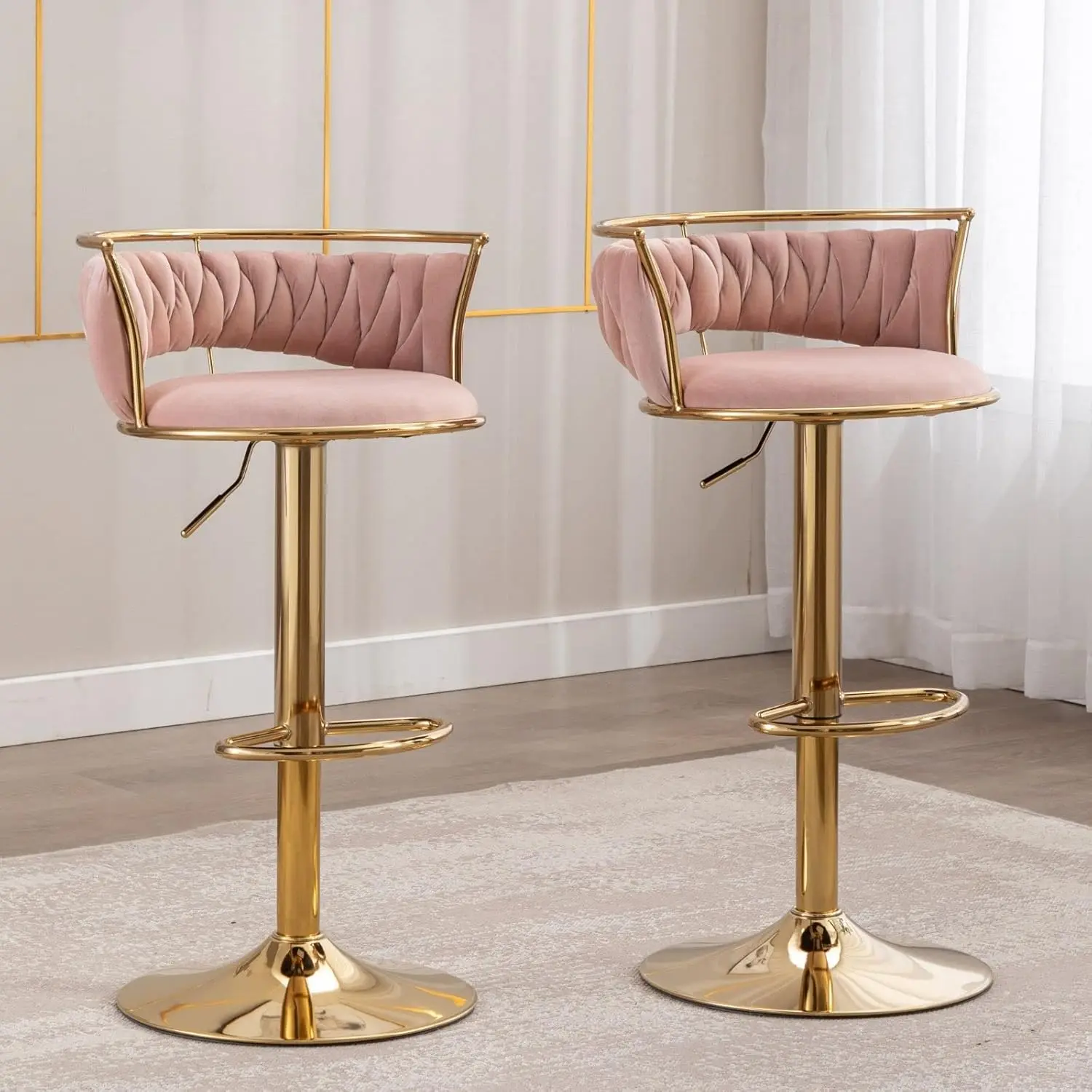 Lukealon Velvet Adjustable Barstools, Modern 360° Swivel Counter Stools With Golden Base Upholstered Open Back Tall Bar Chair