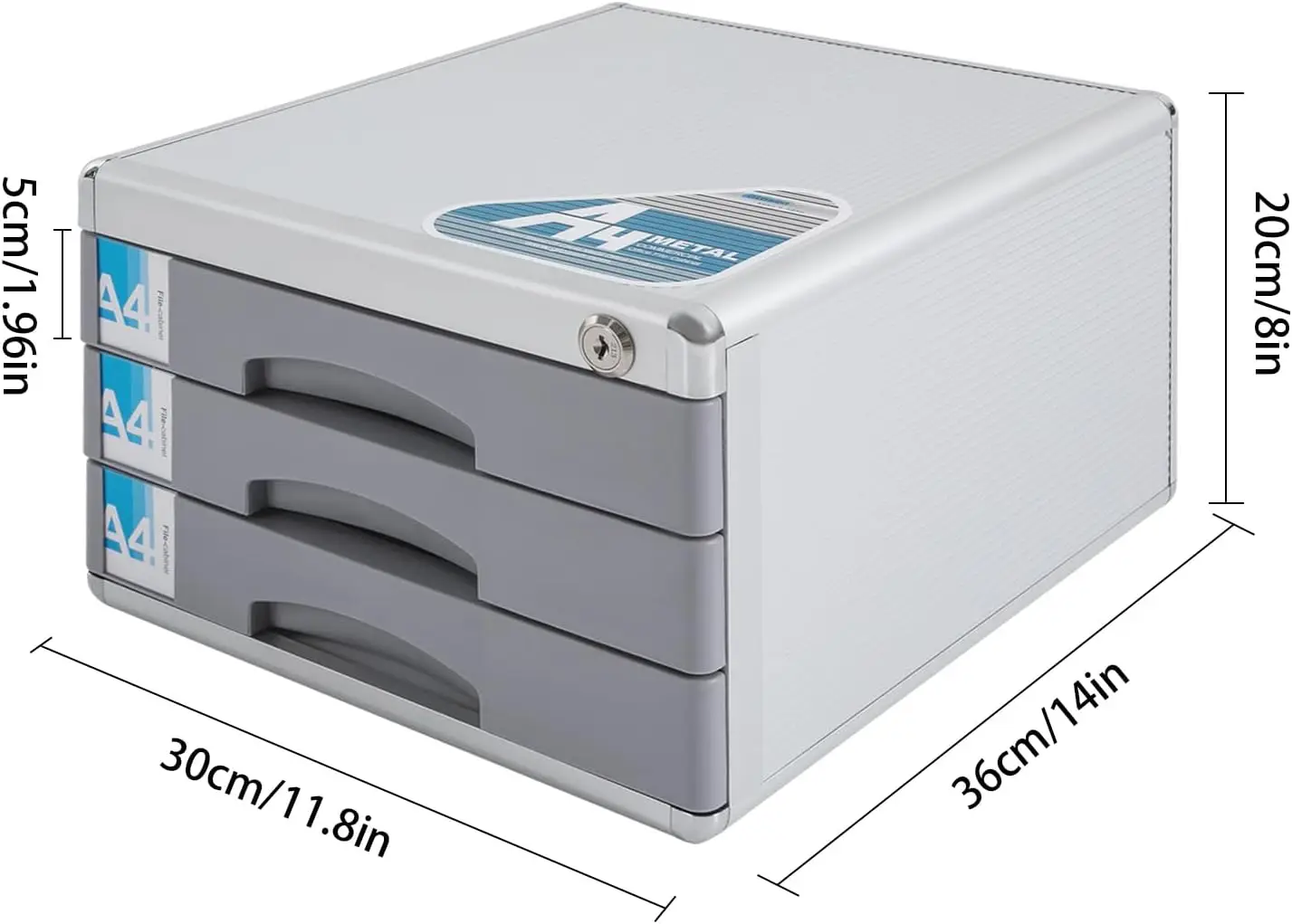 Organizador de mesa com 3 gavetas pequenas, organizador de arquivos de liga de alumínio, armário de gaveta com tampa com 5 gavetas, etiquetas e armazenamento de arquivos de 2 teclas