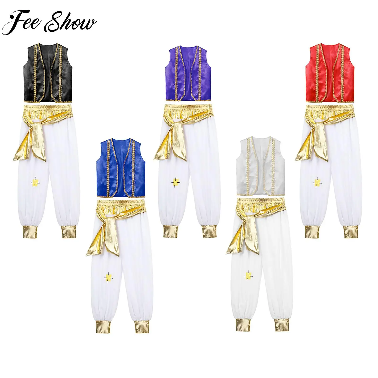 

Arabian Prince Costume Boys Cosplay Halloween Dress Up Sleeveless Braided Trimming Vest Waistcoat+Pants Set for Carnival Outfits