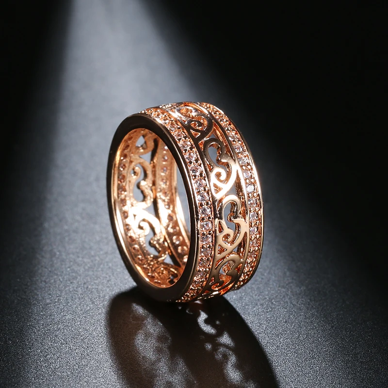 SYOUJYO Vintage Openwork 585 Rose Gold Color Women\'s Ring Exquisite Fashion Jewelry Natural Zirconia Full Pave Setting Ring