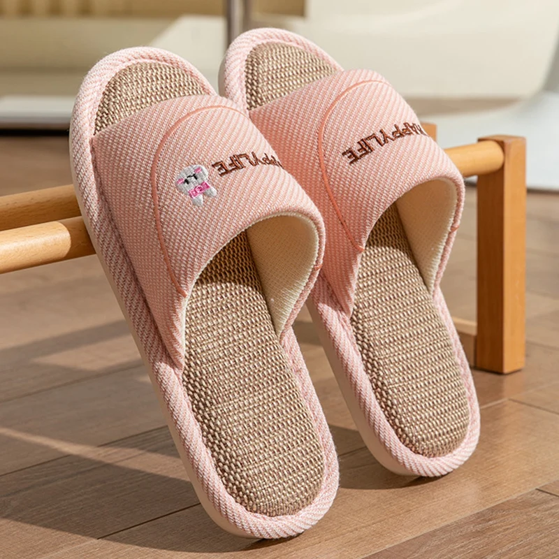 Home Linen Slippers For Women In Spring&Autumn Comfortable Bedroom Open-toed&Breathable Slippers Couple Soft Sole Shoes Summer