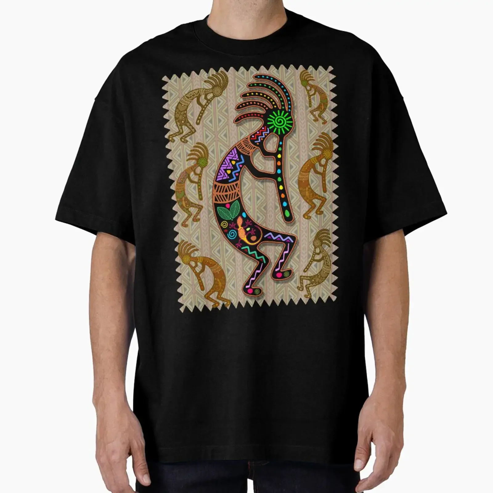 Kokopelli Rainbow Colors on Tribal Pattern designed and sold by BluedarkArt vintage Washed designer clothes Versatile Casual