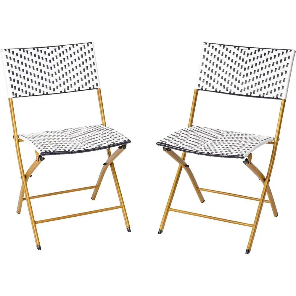 Ciel Two Piece Folding French Bistro Chairs - Navy and White PE Rattan - Natural Finish Metal Frames - Indoor/Outd