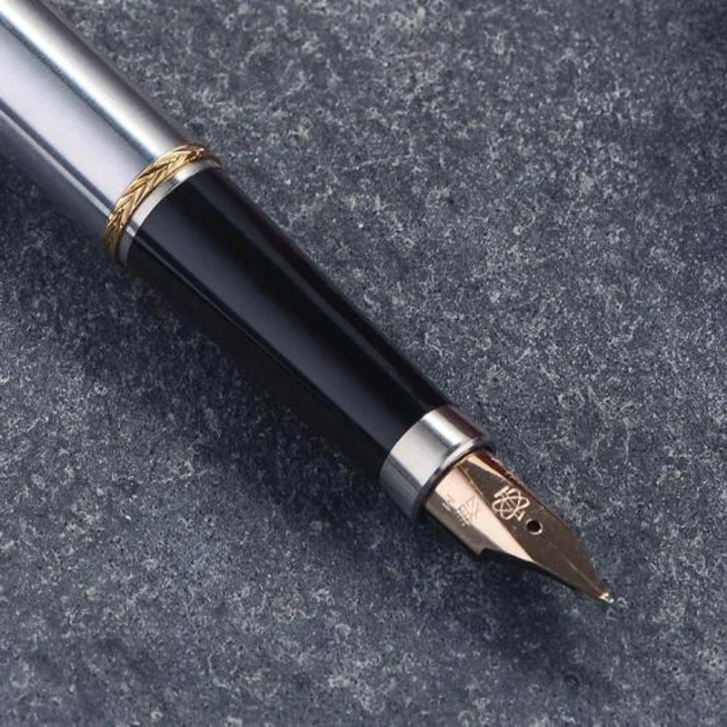 Hero 200A Füllfederhalter aus Edelstahl, 14 Karat Gold, 0,5 mm feine Spitze, goldener Rand, mit Originalverpackung, Geschenkstift-Set