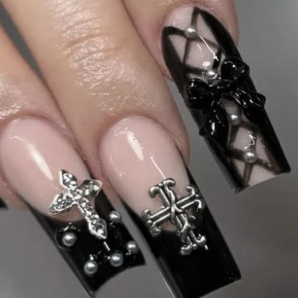 Hot Sale Nail Polish Medium Rectangular Black French Border Cross Steel Ball and Bow Decoration Detachable Fake Nails