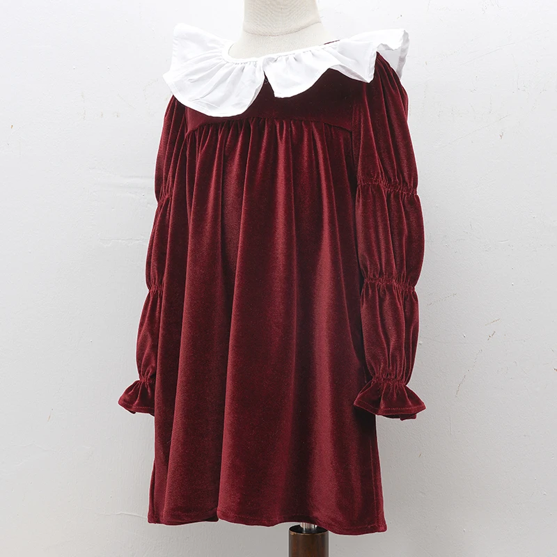 فستان ريترو كريسماس أحمر خريفي مخملي للفتيات بلون سادة مع وشاح أبيض مكشكش وأكمام طويلة فساتين حفلات فضفاضة #6