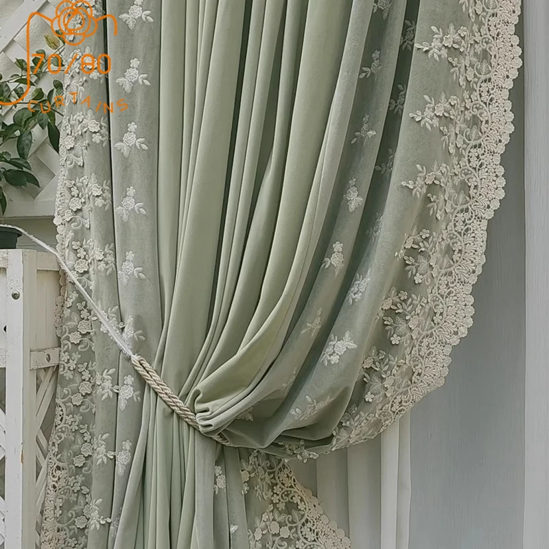 Tender Green Lace Velvet Thickened Curtains for Living Room Bedroom French Window Balcony Floating Window Villa Customized