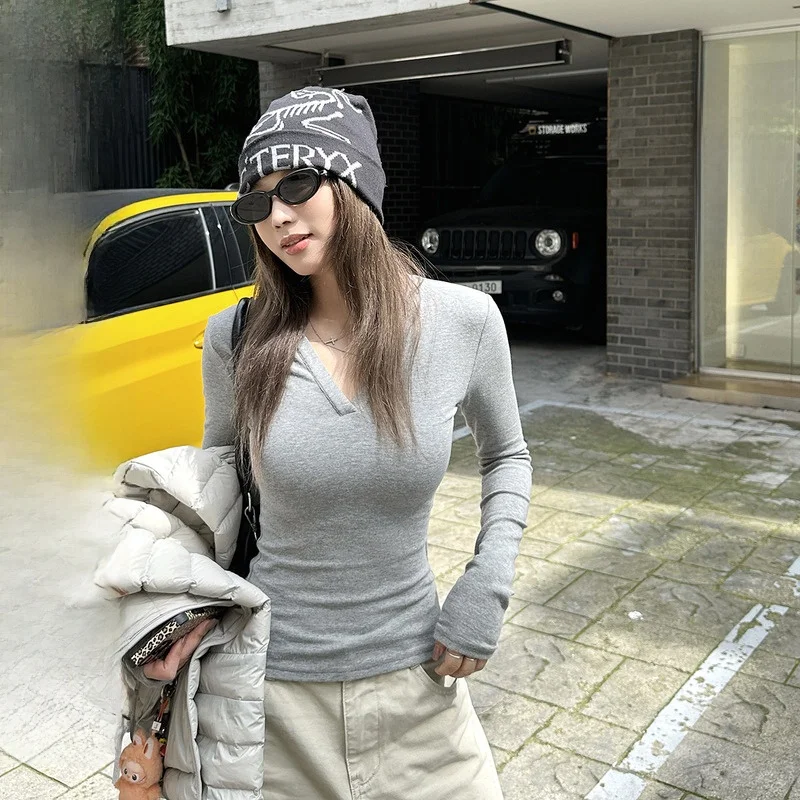 

Ele V-Ne Long Sve Base irt Женская зимняя модная облегающая хлопковая трикотажная футболка Casual Sle Удобная эластичная футболка