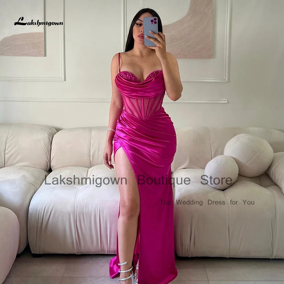 Lakshmigown Dubai Luxury Evening Dress Mermaid 2024 Fuchsia Pink Satin Long Prom Dress Women Elegant Luxury Birthday Party