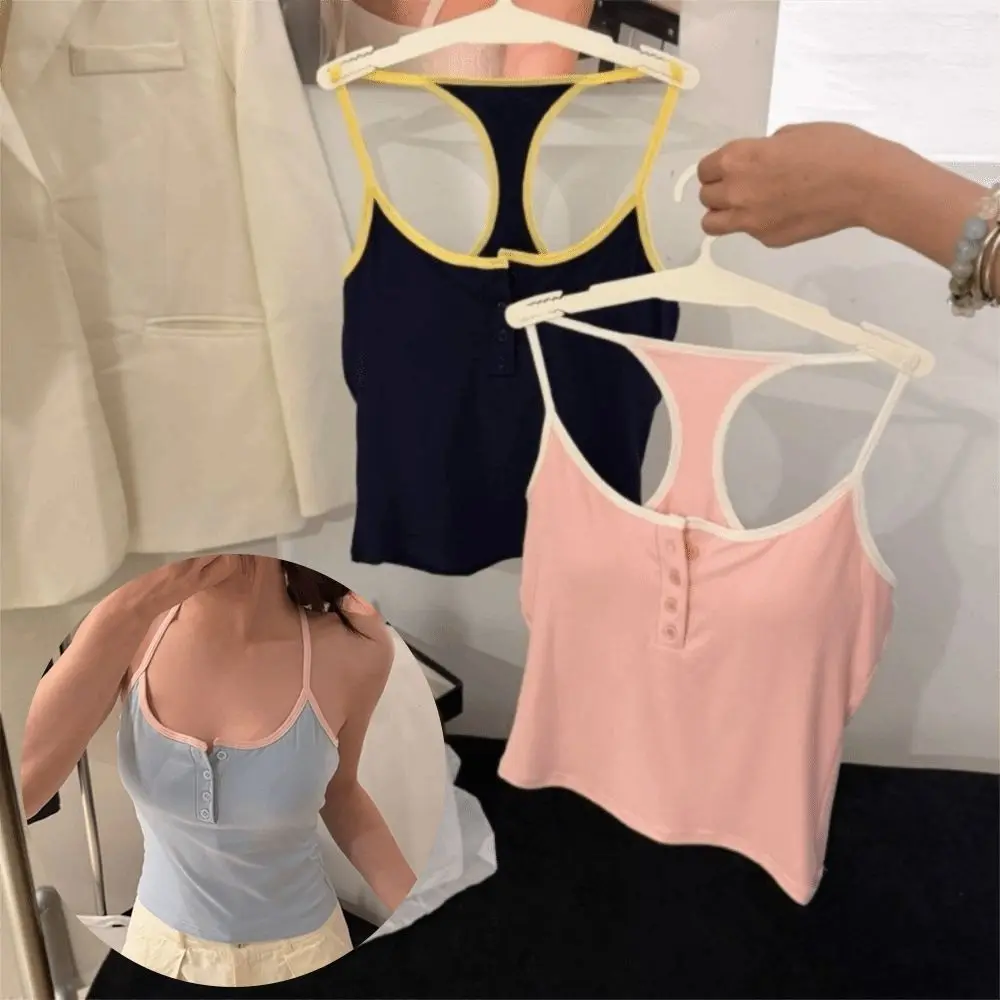 Built-in Chest Pad Padded Camisole Vest Backless Design Cotton Blend Button Neck Vest Elastic Slim Fit Sleeveless Crop Top