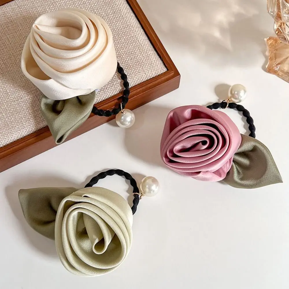 

Flower Rose Hair Rope Cute Korean Style Peal Silk Satin Hair Rope Hair Tie Scrunchies Elastic Hair Band Women Hair Accessories