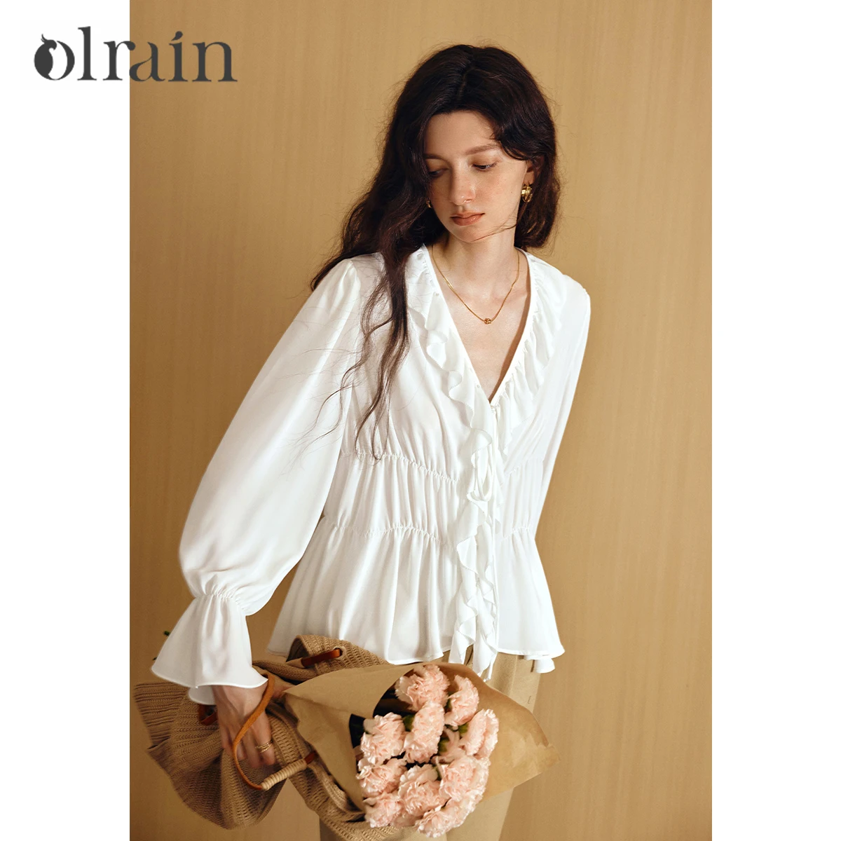 

OLrain Women's Romantic Long Sleeve Shirts Autumn 2025 New French Ruffle V-neck Shirt Female Solid Chiffon Blouse O57QX001638