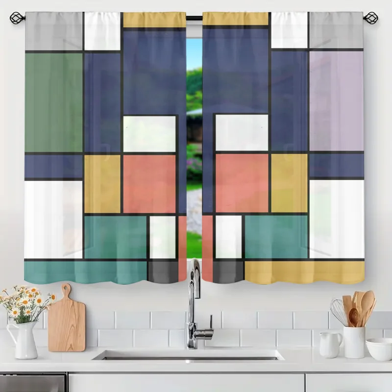 Modern Geometric Abstract Curtain Panels Semi Sheer Light Filtering Window Treatment for Contemporary Kitchen Bathroom Tension R