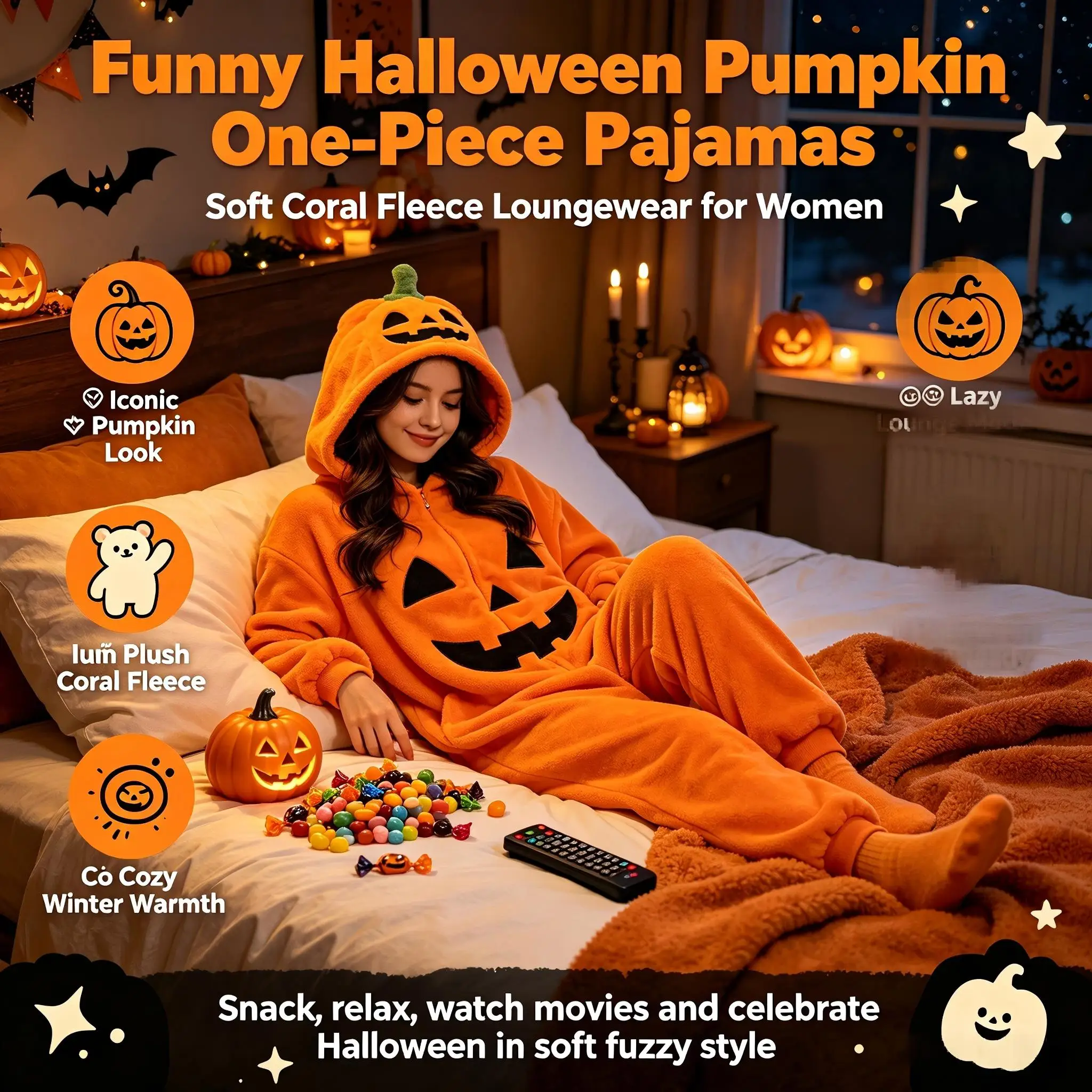 Cute Pumpkin Onesie Pajamas Women Coral Fleece Loungewear Warm Sleepwear Halloween Cosplay Costume Autumn Winter Home Outfit