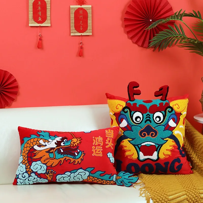 

Dragon Pillows Chinese Cushion Case Joyful Lucky New Year Decorative Pillow Cover For Sofa Velvet Soft Warm Home Decoration