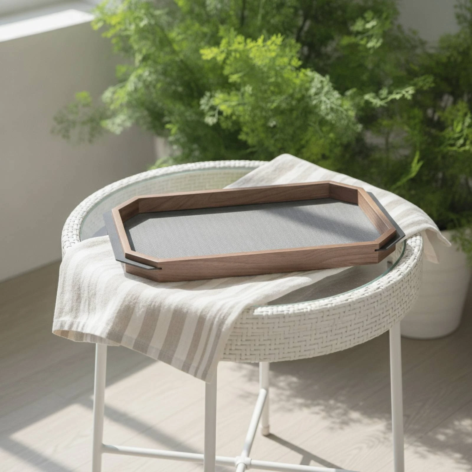 Walnut Tray with Leather Inset Modern-Luxury Octagonal Wooden Tray Vintage Dark for Coffee Table, Entryway