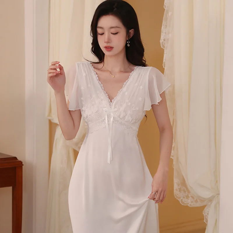 Women Short Sleeve Home Wears Satin Nightdress Sleepwear Summer Nightwear Sexy V-neck Nightgowns