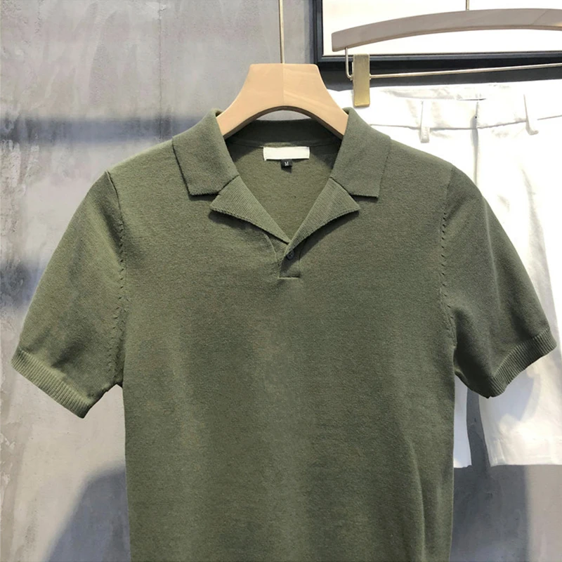 2024 Summer Casual Polo Collar Knit Tops Men Fashion Solid Color Breathable Knitting Polo Shirts Short Sleeve V Neck Mens Polos