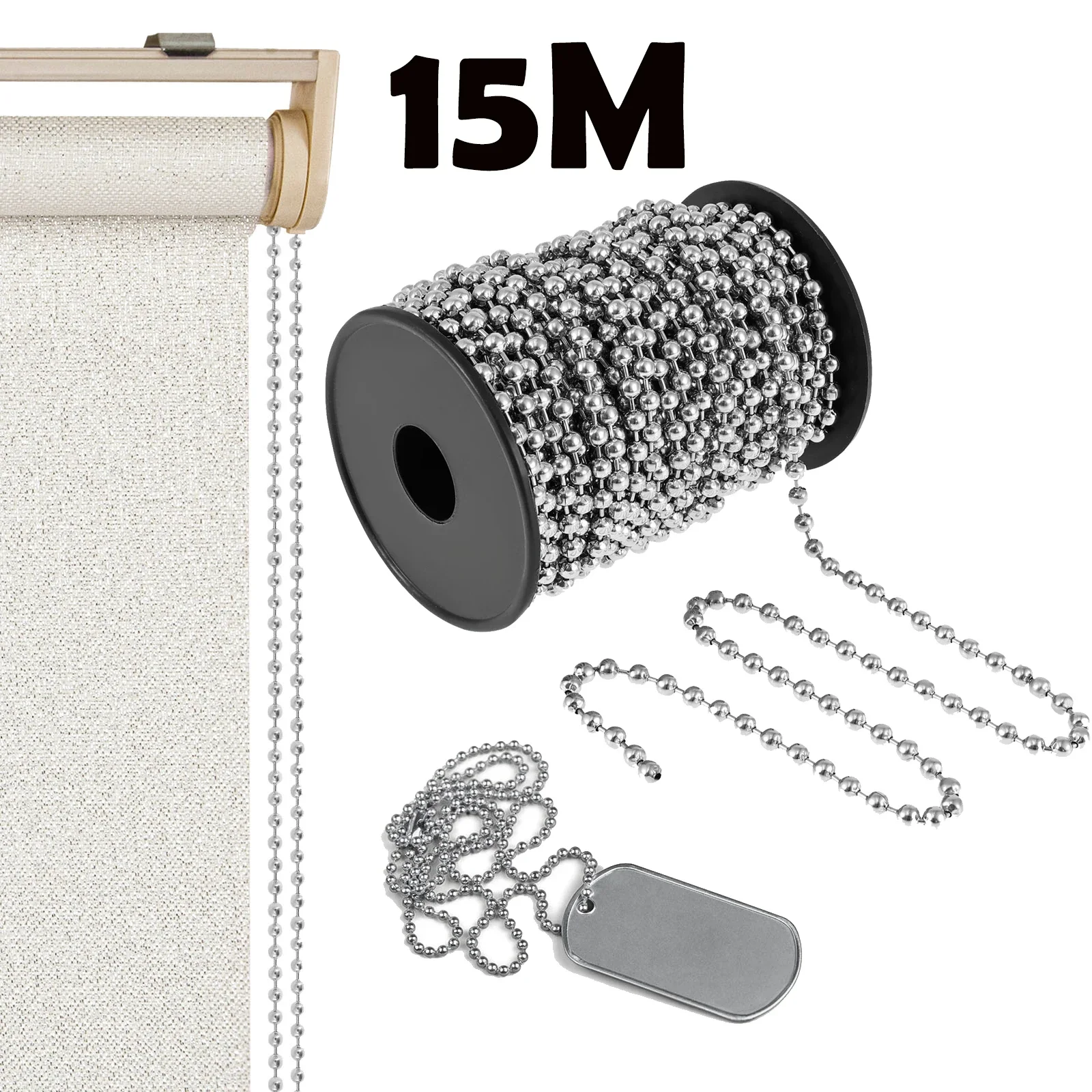 15M Blindkette Praktische Kugelkette Edelstahl-Hundemarkenkette mit Spule für Vorhänge, Schmuck, DIY-Basteln, Innenbereich und