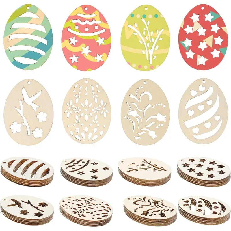 

25pcs Easter Egg Wood DIY Crafts Cutouts Wooden Egg Shaped Hanging Ornaments Wood Tags for Easter Holiday Party Decorations