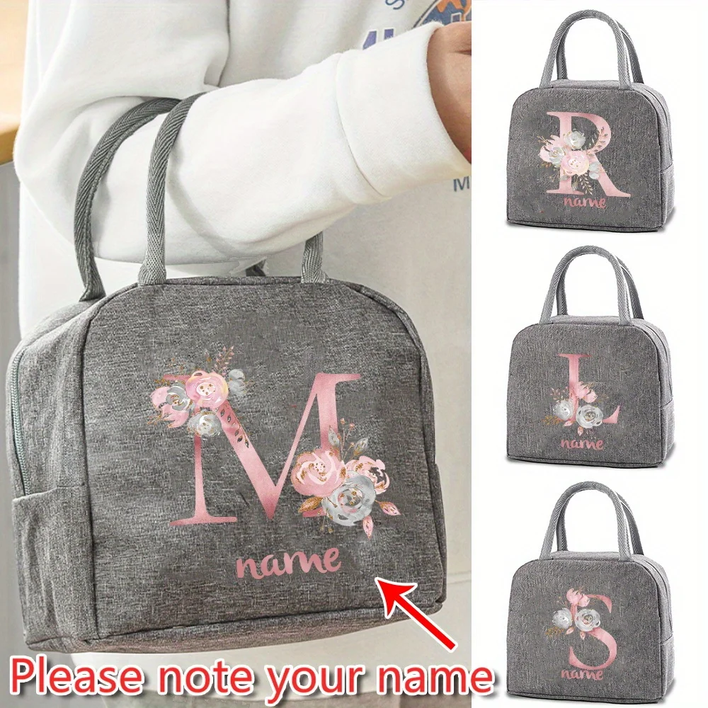 

Customized Gray Insulated Lunch Bag Bento Bag Aluminum Foil Pink Letter Pattern Insulated Lunch Box Camping Picnic Food Bag