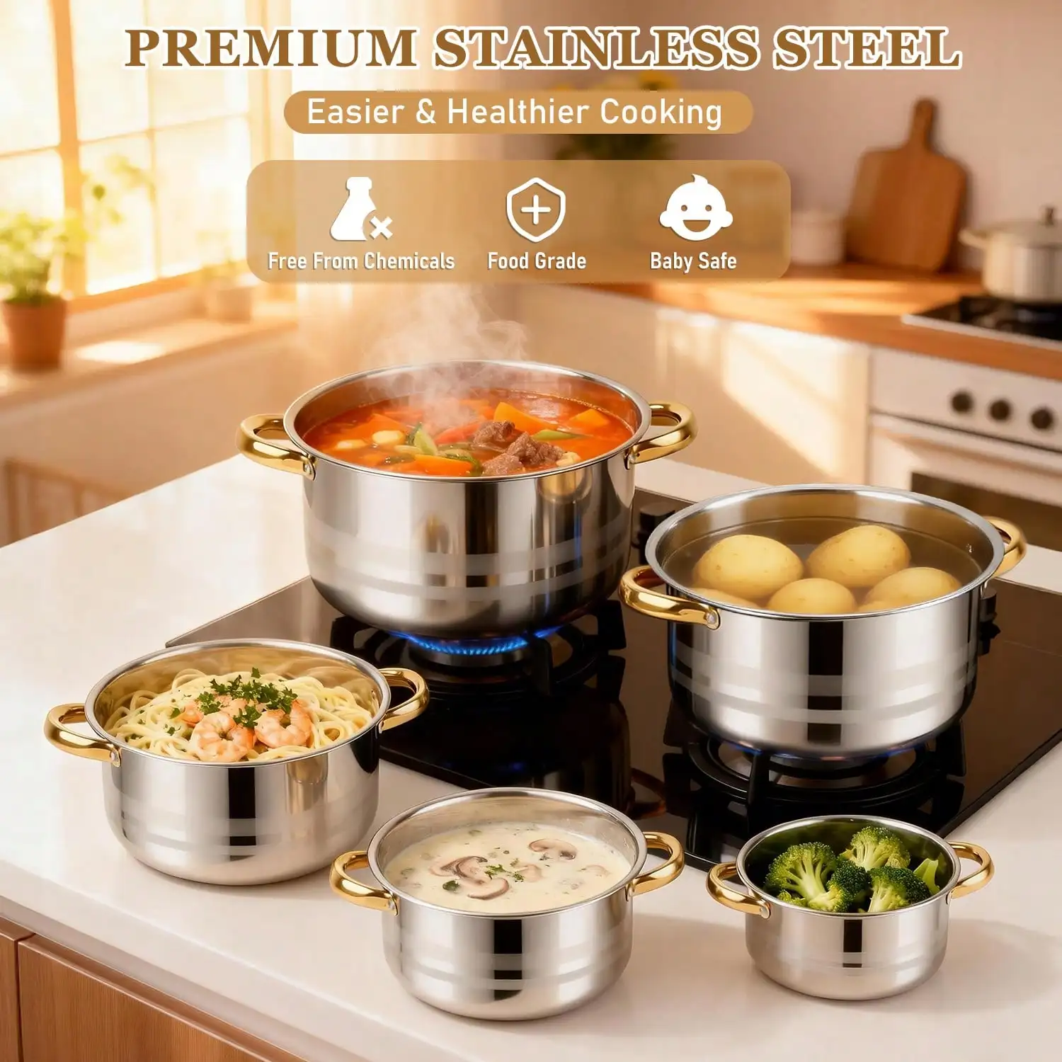 Stainless Steel Pot Set Modern Luxury Cookware Stock Pot Set Silver Body Gold Handles 10 Pcs Set 5 Pots 5 Lids Multi Size Deep Stock Pot For Home Kitchen Restaurant Cooking Soup Noodles Hot Pot Pasta view 7