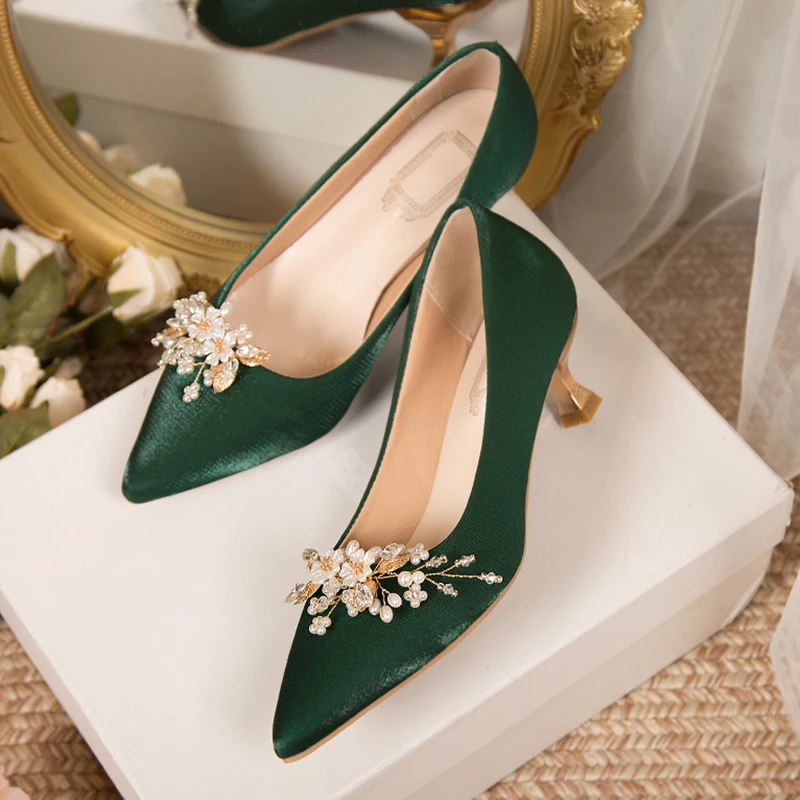 Flowers Pointed Toe Pumps for Women 2022 New Green Silk Low Heels Shoes Woman Slip on Thin Heeled Lady Shoes Green Party Shoes