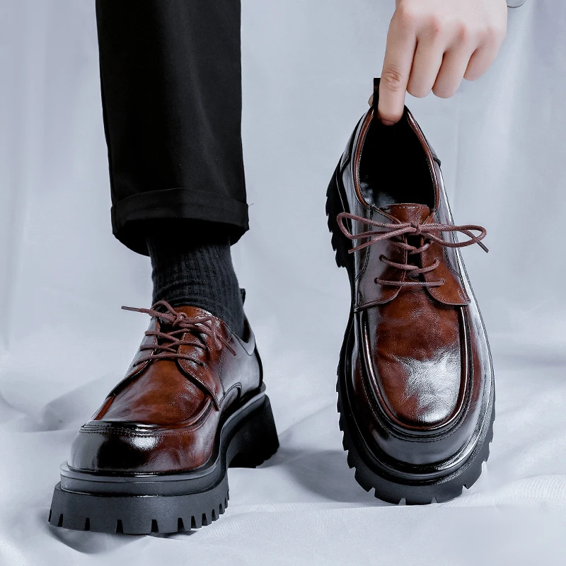 Brown Leather Shoes Men's Business Formal Genuine Leather round Head British Style Suit Shoes Heightening Wedding Groom Shoes