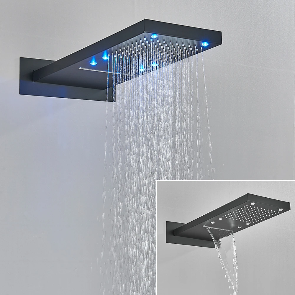 Black LED Rain Waterfall Oblong Shower Head Three Colors Change Wall Mounted Shower Faucet 54*22CM Square Head Bathroom Shower