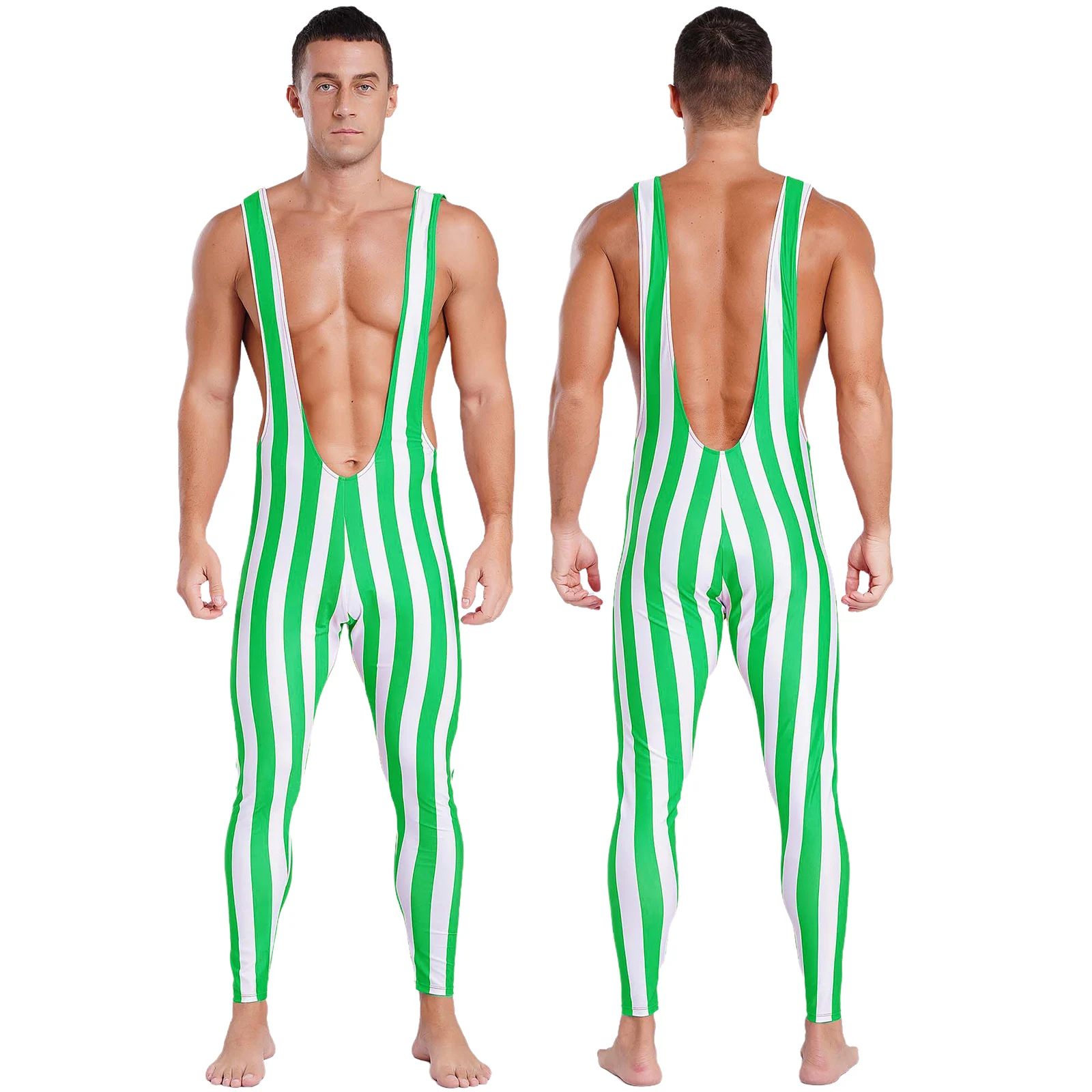 

Mens Christmas Striped Santa Costume Bodysuit Jumpsuit Sleeveless Showing Muscle Rompers Wresting Singlets New Year Carnivals