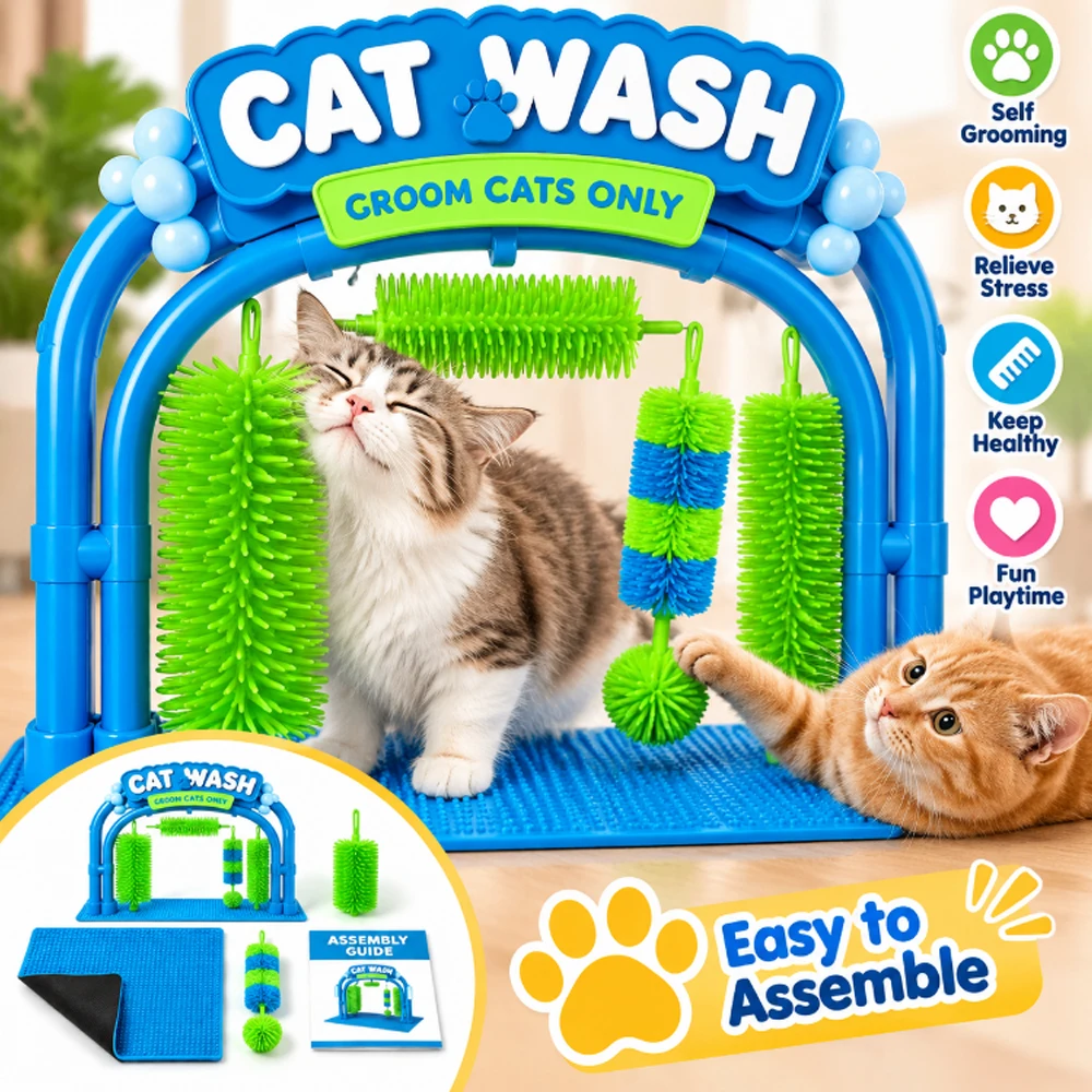 Cat Wash Grooming Station, Cat Car Wash Toy, The Cat Wash Scratcher, Self Grooming Arch with Soft Brushes Helps Cats Enjoy Massa