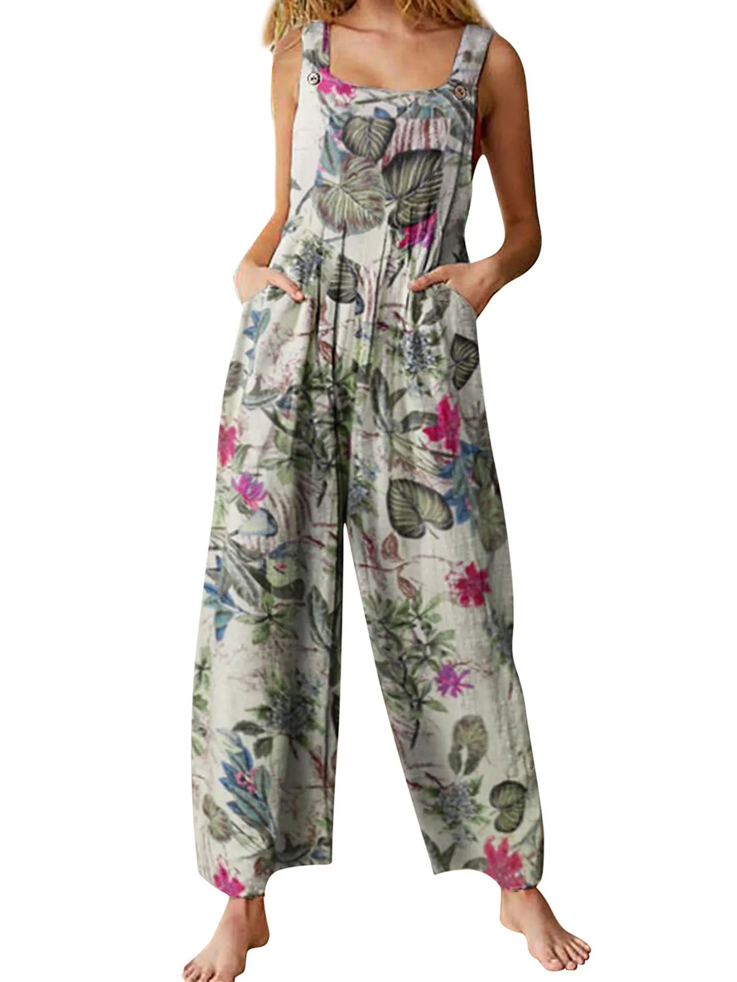 5XL Women Jumpsuit Vintage Leaf Floral Print Square Neck Sleeveless Rompers Overalls with Pockets Y2k Harajuku Club Streetwear