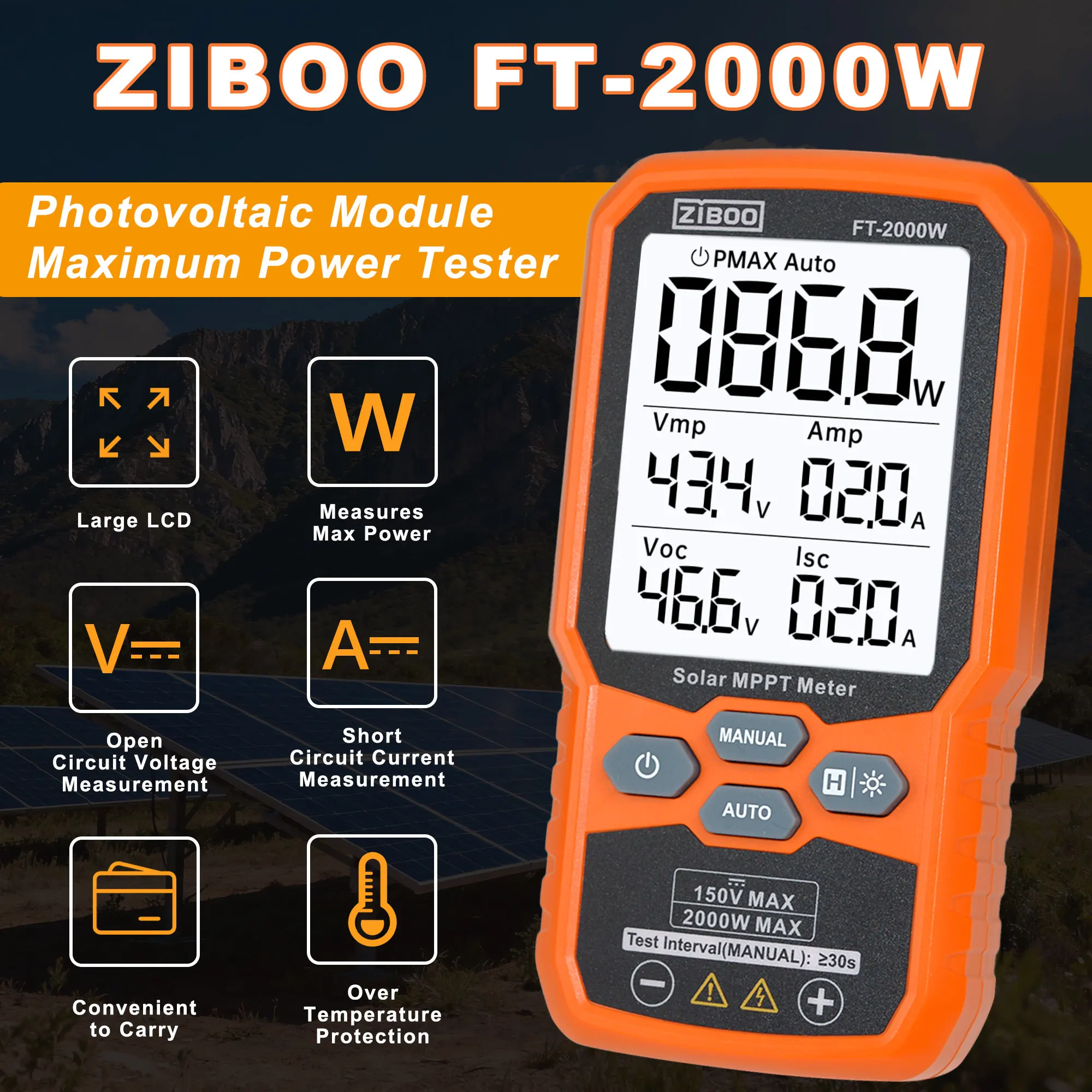 

ZIBOO FT-2000W Solar Panel Tester MPPT Meter - 2000W Max Power, Open Circuit Voltage & Short Circuit Current, with Backlight.