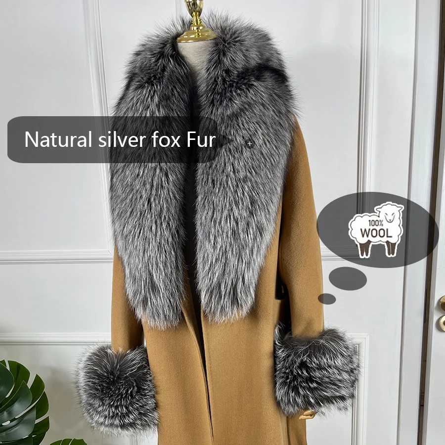 Women Cashmere Cardigan With Fur Natural Silver Fox Fur Coat Long Wool Blends Coat Rela Fur Collar Cuffs 2024 Best Selling