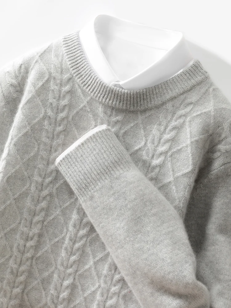 100% Merino Wool Men's Round Neck Twisted Pattern Pullover Basic Style Autumn Winter Casual Fashionable Cashmere Knitted Sweater