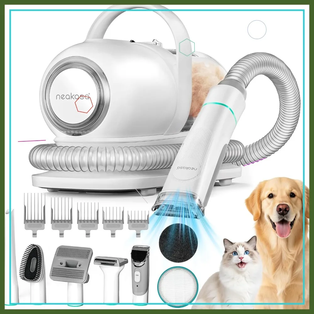 

6-in-1 Pet Grooming Vacuum Kit, 9000Pa Suction, Low Noise, 1L Dust Cup for Home Shedding & Trimming