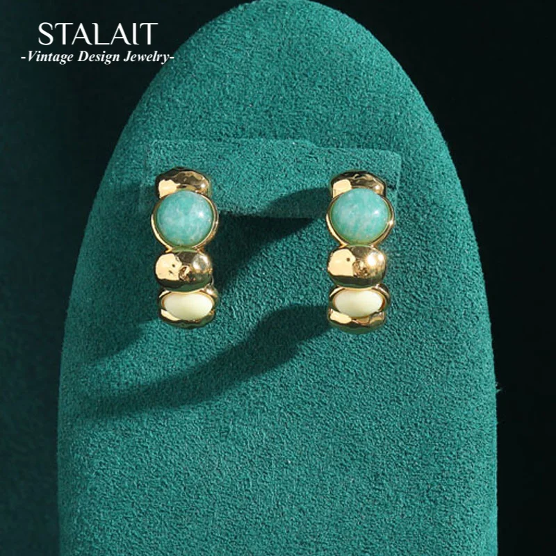 

Retro Vintage Semicircle Ice Blue Oval Natural Stone C Circle Stud Earrings for Woman Antique Jewelry Wedding Accessories New