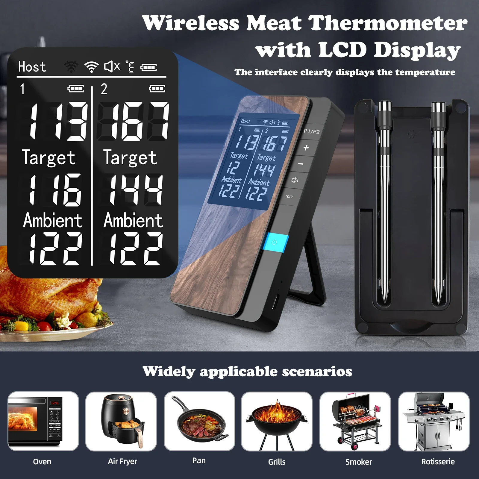 Wireless Meat Thermometer Digital Bluetooth Dual Probe Rechargeable with LCD Screen Support Mobile APP for BBQ Oven Grill