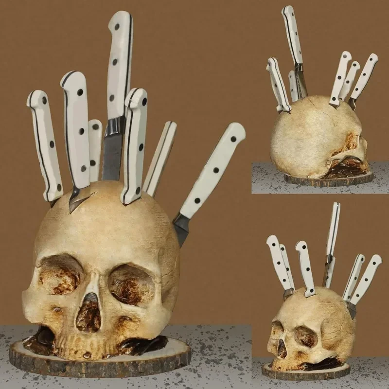 

2024 Skull Knife Holder for Kitchen Horror Kitchen Storage Head Rack Skeletonlike Kitchen Fruit Storage Rack Decoration