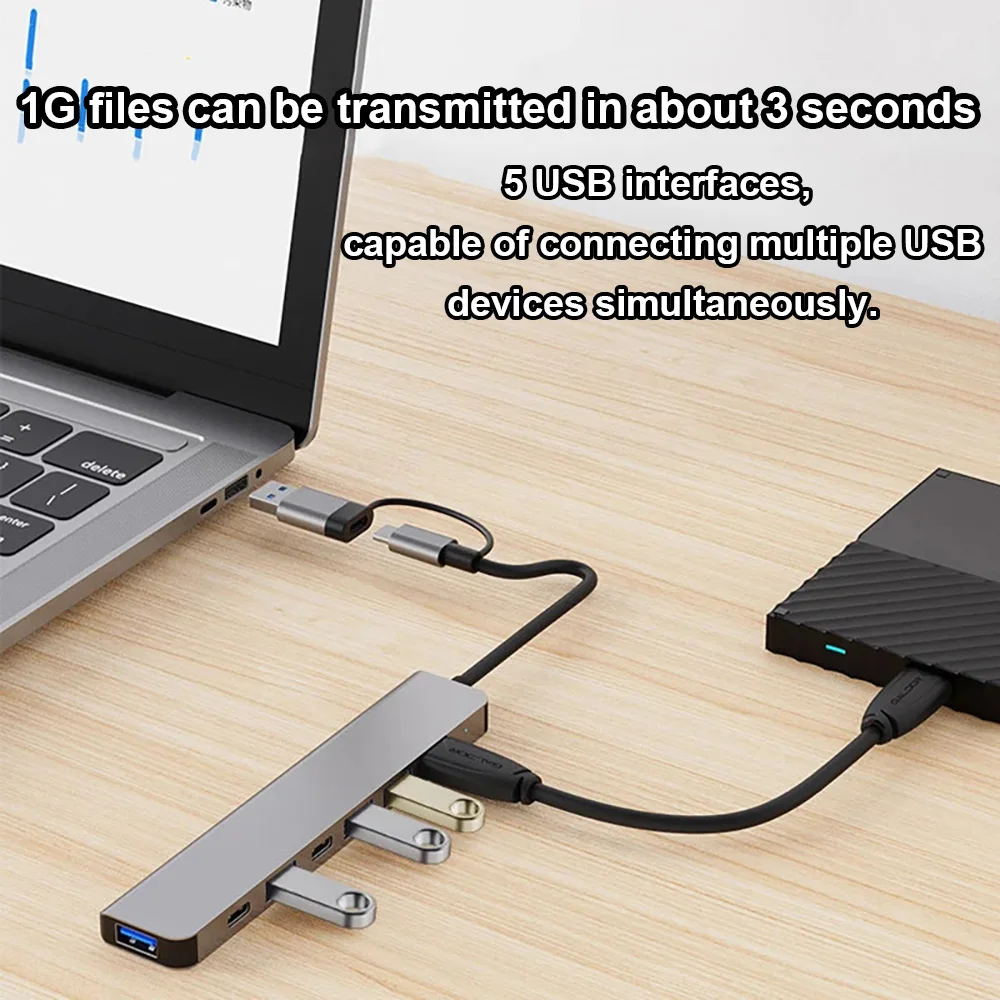 2 in 1 4/7 Port USB Type-C Expander USB3.0 High Speed Transmission Multi-port Usb Splitter Suitable for Laptops and Desktops