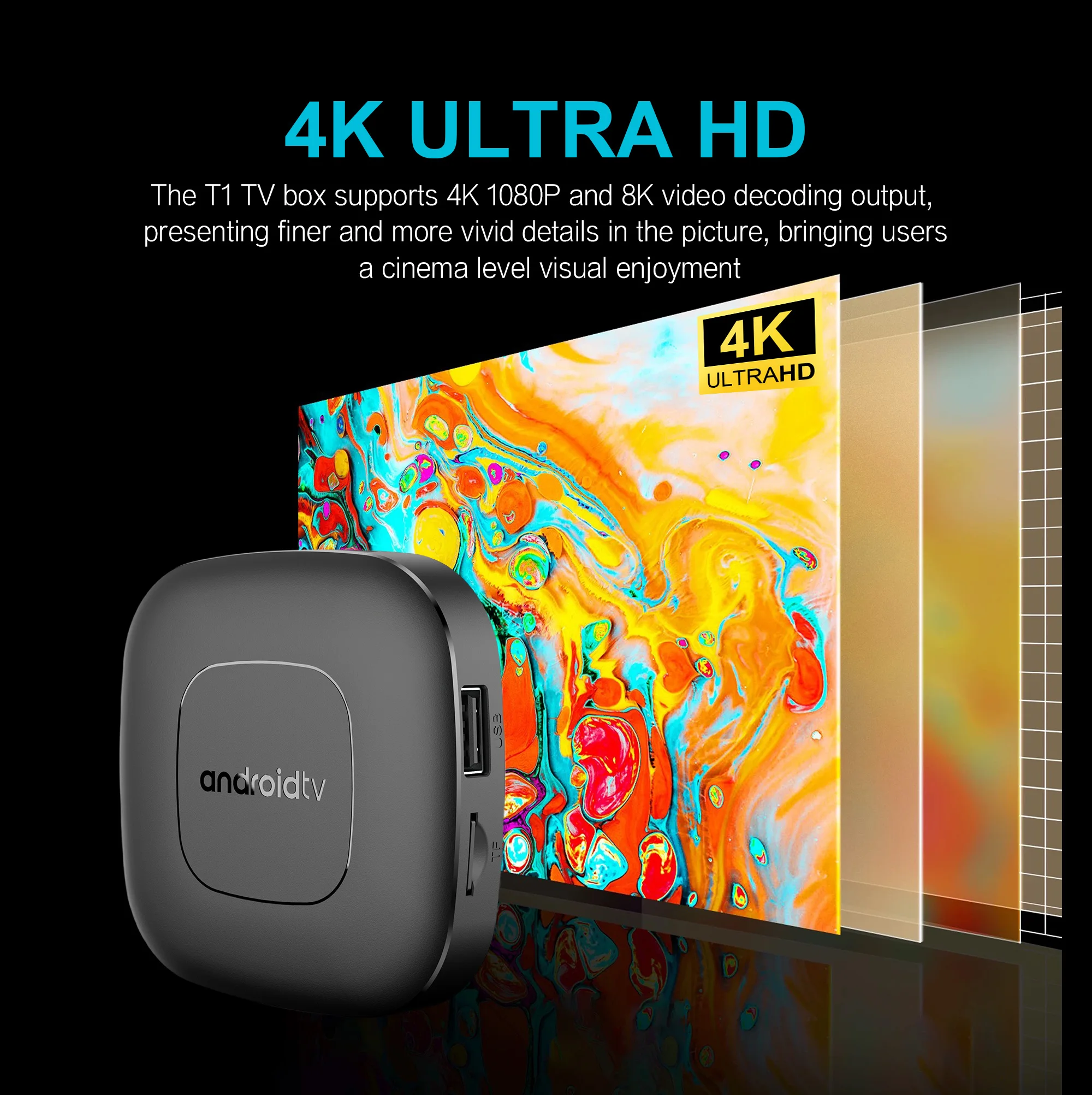 Android14 Voice Control Smart TV Box Mortal T1 WIFI6 Home Theater AllwinnerH313 Bluetooth 4K HDR Netflix YouTube Fast streaming view 4