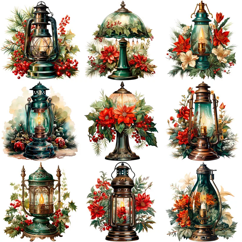 12Pcs/Pack Christmas Lantern Sticker DIY Craft Scrapbooking Album Junk Journal Decorative Stickers