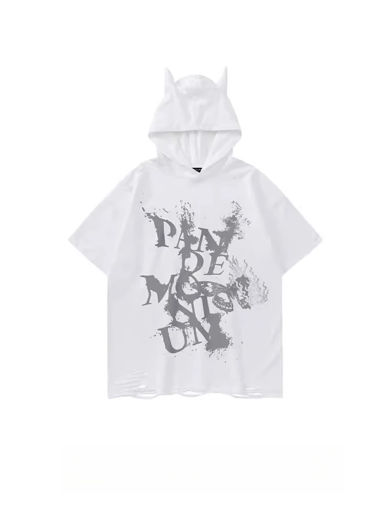 Summer New American Dark Gothic Hip-hop Style Men's Black and White Washed Letter Print Ripped Short-sleeve Hooded T-shirt