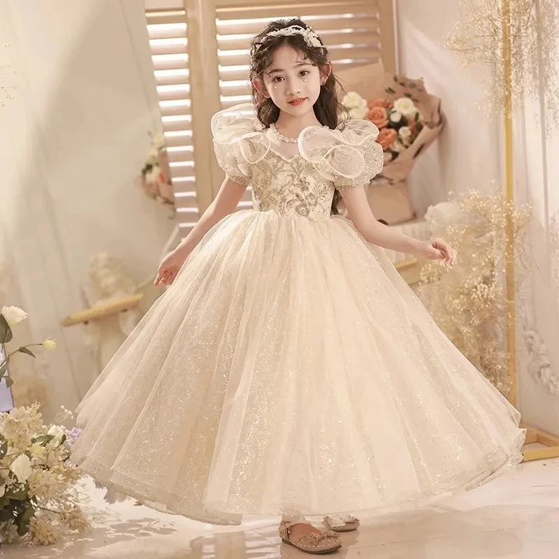 

2023 New Kids Dresses For Party Wedding Dress sequin court Children Pageant Gown Girls PrincessTulle Dress Girl clothing