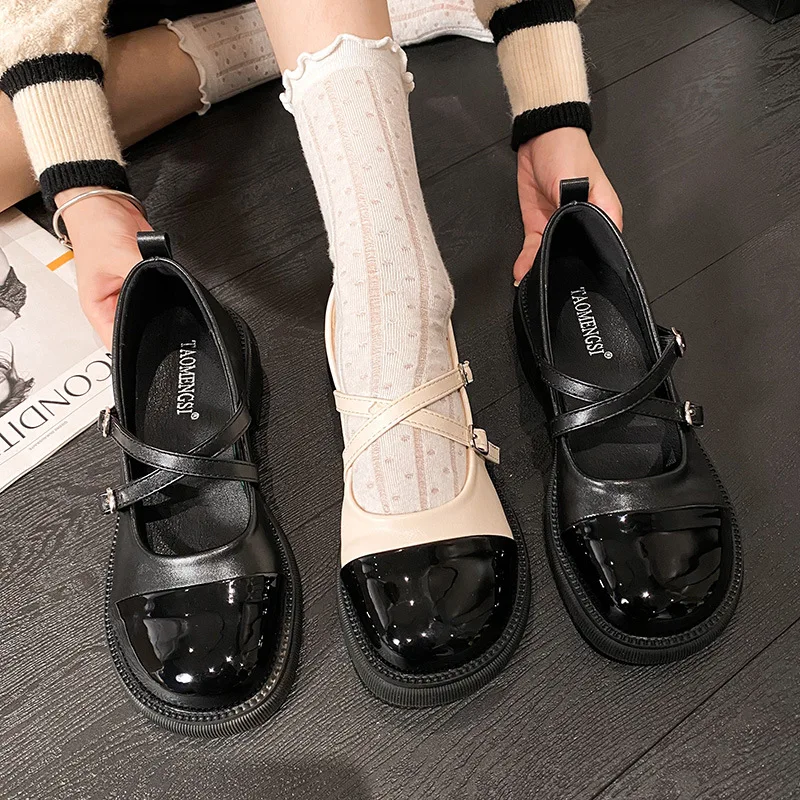 

Custom Retro Round Toe Cross Strap Mary Jane Shoes Women Chunky Sole Casual Slip On